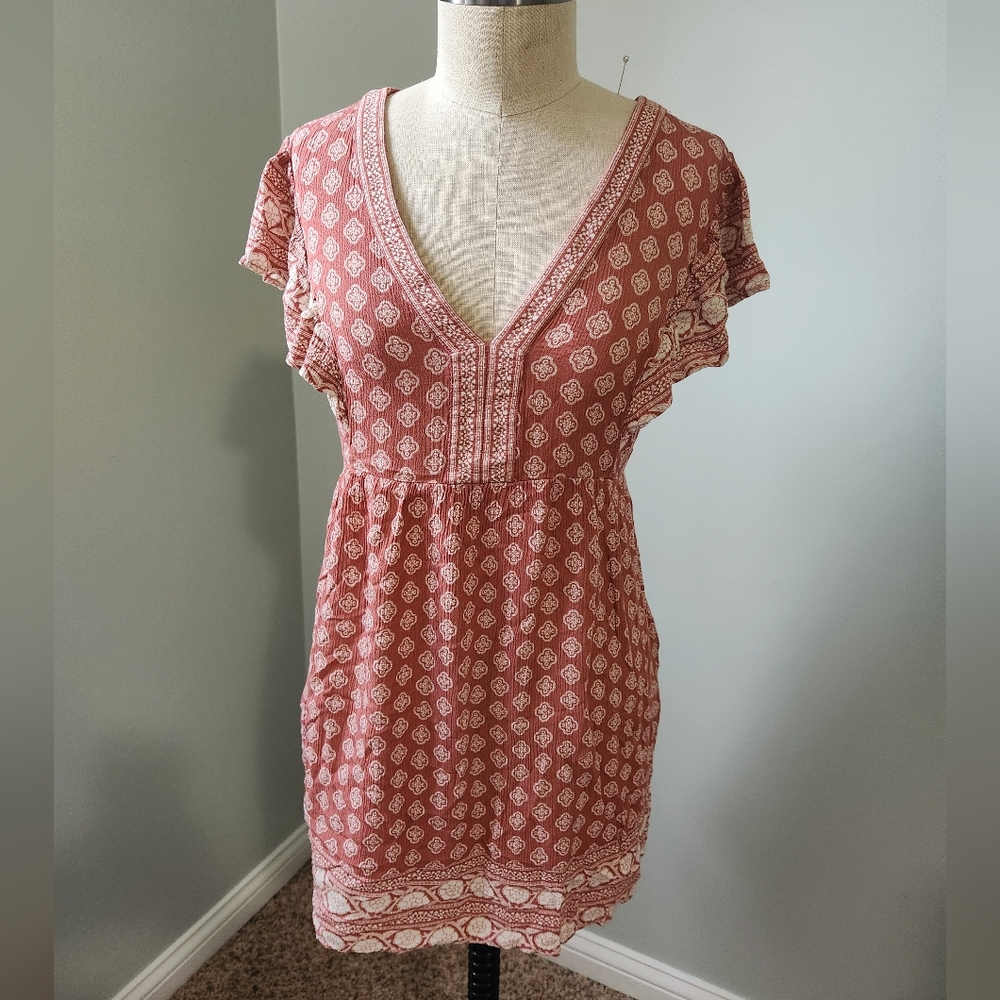Boho V-Neck Dress in Brick Red and White